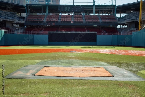 Empty bullpen professional baseball stadium.  Practiced pitcher's mound awaits.  Stadium atmosphere quality. Lush green field.