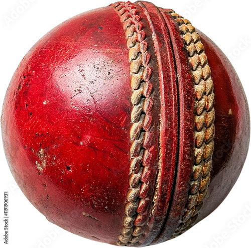 Close up of a well used red leather cricket ball isolated transparent background photo