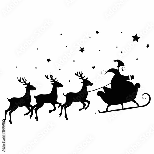 Silhouette of Santa Claus in his sleigh being pulled by four reindeer against a white background