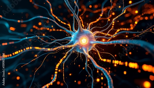 Neuron Network Microscopic view of a neuron firing signals. Science, research, and medicine background