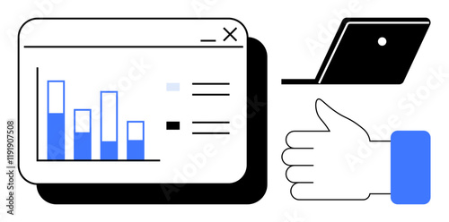 Bar graph on screen with colored bars, simplified laptop, and thumbs up gesture. Ideal for analytics, data approval, feedback, business success, reporting, interactive dashboards virtual