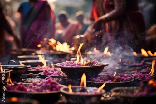 Holika Dahan celebration: joyous tradition, cultural festivity, sacred ritual, vibrant evening, festival fire, ancient mythology, community gathering, spiritual significance, Indian heritage. photo
