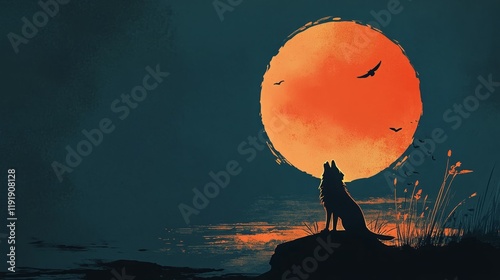 Silhouette of a wolf howling at a large orange moon. photo