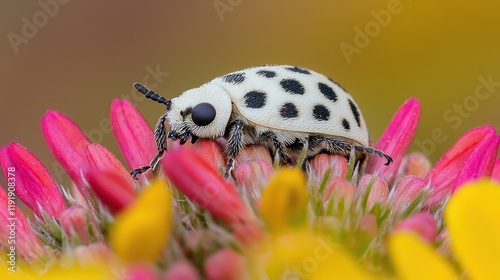 A captivating close-up of a ladybug insect camouflaged among colorful flowers, taken from a low angle. The insect patterns blend seamlessly with its surroundings, showcasing nature artistry. photo