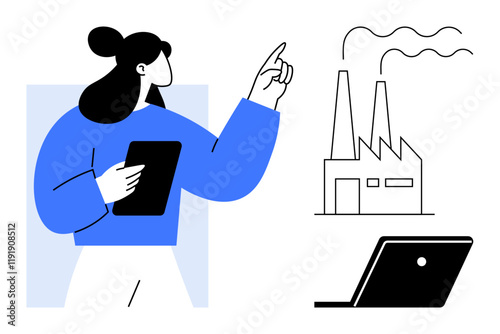 Woman holding tablet, pointing towards industrial factory with smokestacks, accompanied by a laptop. Ideal for technology, industrial automation, remote control, factory management, innovation