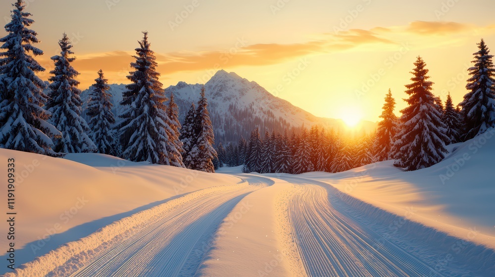 Serene Winter Landscape with Snowy Trees and Distant Mountains Serene Winter Landscape with Snowy Trees and Distant Mountains