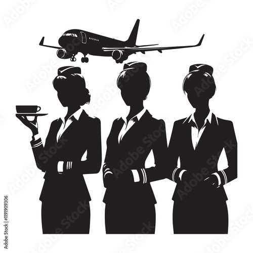 Flight Attendant Silhouette Vector Illustration, Solid White Background.