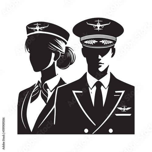 Flight Attendant Silhouette Vector Illustration, Solid White Background.