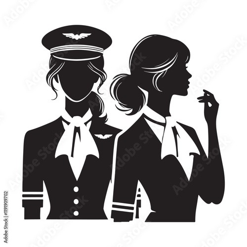 Flight Attendant Silhouette Vector Illustration, Solid White Background.