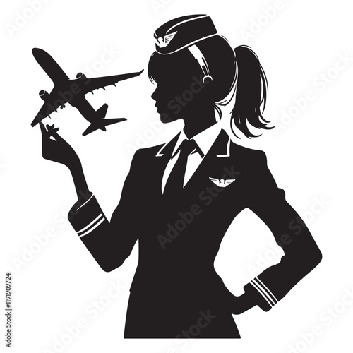 Flight Attendant Silhouette Vector Illustration, Solid White Background.