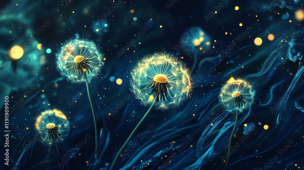 Obraz premium Glowing dandelions in a dark, dreamy landscape.