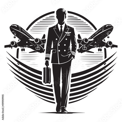 Flight Attendant Silhouette Vector Illustration, Solid White Background.