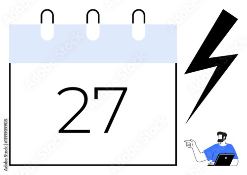 Calendar page displaying the number 27, large lightning bolt emphasizing urgency, and a man pointing while working on a laptop. Ideal for productivity, deadlines, project management, time management