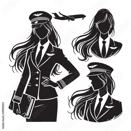 Flight Attendant Silhouette Vector Illustration, Solid White Background.
