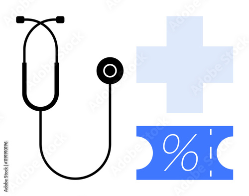 Stethoscope and blue medical cross beside discount voucher with percentage symbol. Ideal for healthcare costs, medical savings, insurance benefits, health economics, patient discounts, cost-effective