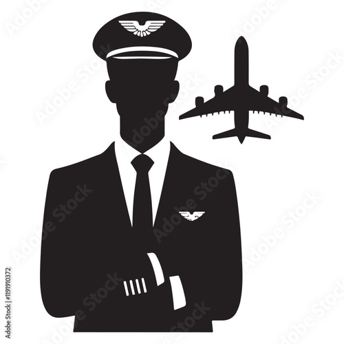 Flight Attendant Silhouette Vector Illustration, Solid White Background.