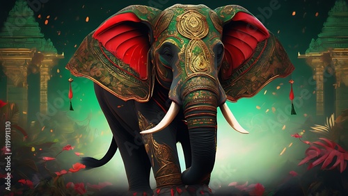 The colored war elephants are ready to ride into battle. Ready to win the battle of the ten directions mammal, wildlife, white, nature, wild, statue, zoo, india, safari, trunk, big, large, asia, thail