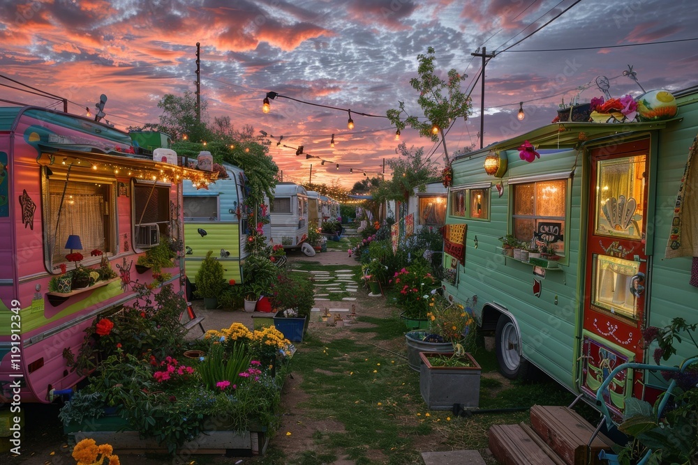 Fototapeta premium Eclectic bohemian trailer park at sunset. Vintage trailers adorned with art, bloom-filled gardens, string lights glow. A vibrant, whimsical community.