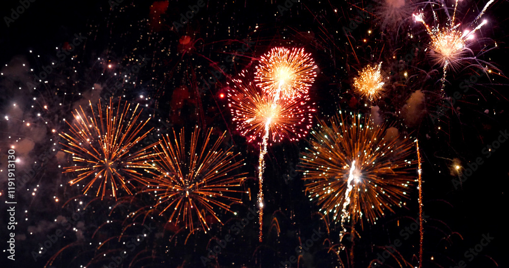 Fototapeta premium Colorful vibrant Firework celebrate anniversary happy new year 2025, 4th of july holiday festival. colorful firework night time to celebrate national holiday. countdown new year party 2025 background