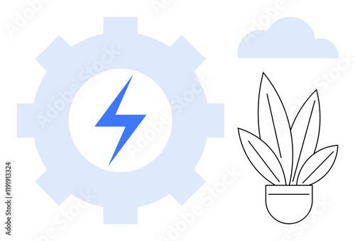 Gear with lightning bolt, potted plant, and cloud. Ideal for sustainable energy, innovation, eco-friendly solutions, technology, green practices, environmental conservation and renewable resources