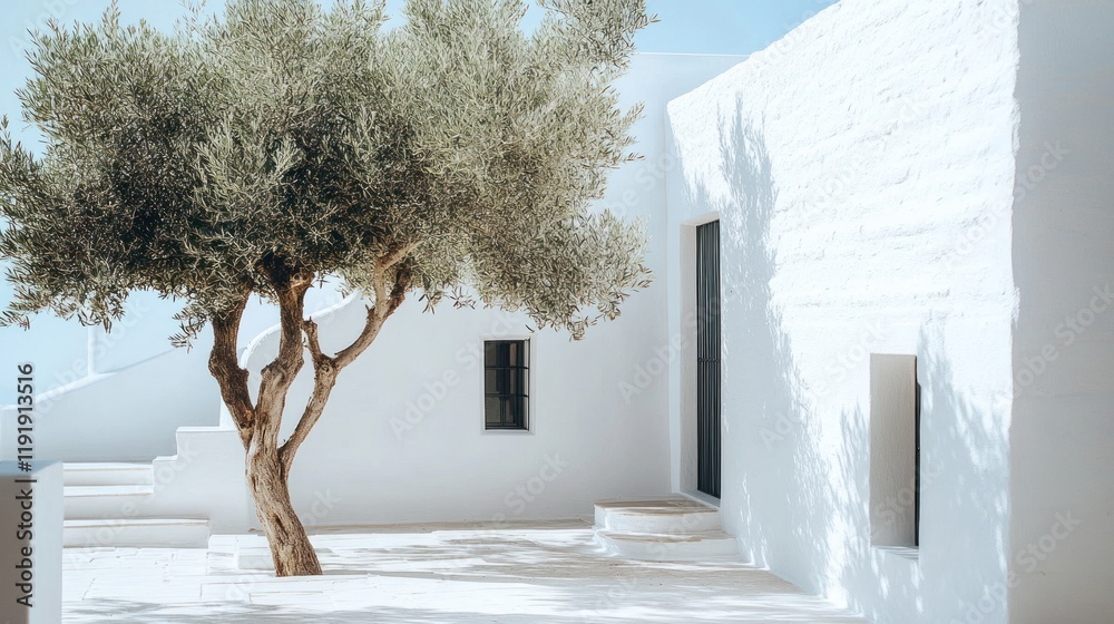 Mediterranean Serenity: Olive Tree by Whitewashed Walls