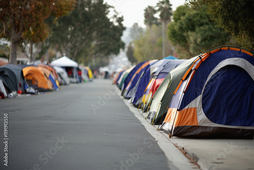 Urban Homeless Encampments with Makeshift Tents: Capturing the Reality of Housing Insecurity, Poverty, and Resilience in City Life – A Powerful Visual of Socio-Economic Disparity and Survival photo