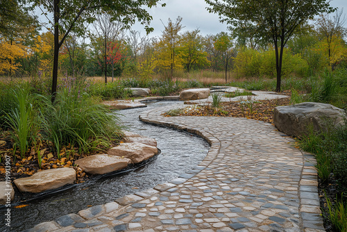 Sustainable Rain Garden with Permeable Pavers in Eco-Park Promotes Biodiversity photo