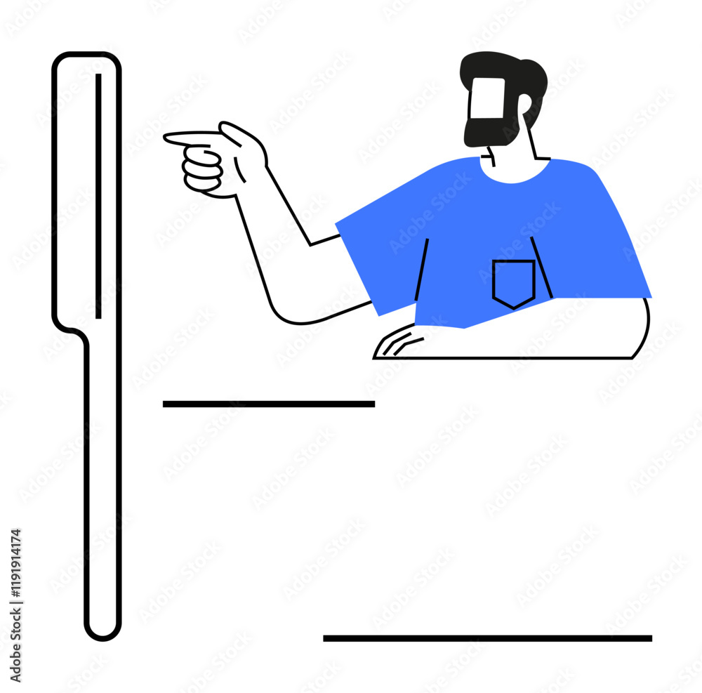 Man with beard, blue shirt points at tall rectangular object. Ideal for guidance, direction, instruction, alert, attention, leadership awareness. Minimalist clean lines blue and black colors Man with beard, blue shirt points at tall rectangular object. Ideal for guidance, direction, instruction, alert, attention, leadership awareness. Minimalist clean lines blue and black colors