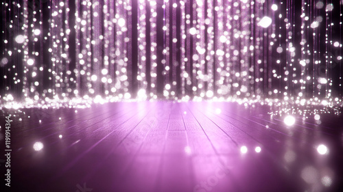 Purple stage light with glittering sparkle and glowing beam ray effect shine through dusty atmosphere creating magical dreamy performance scene