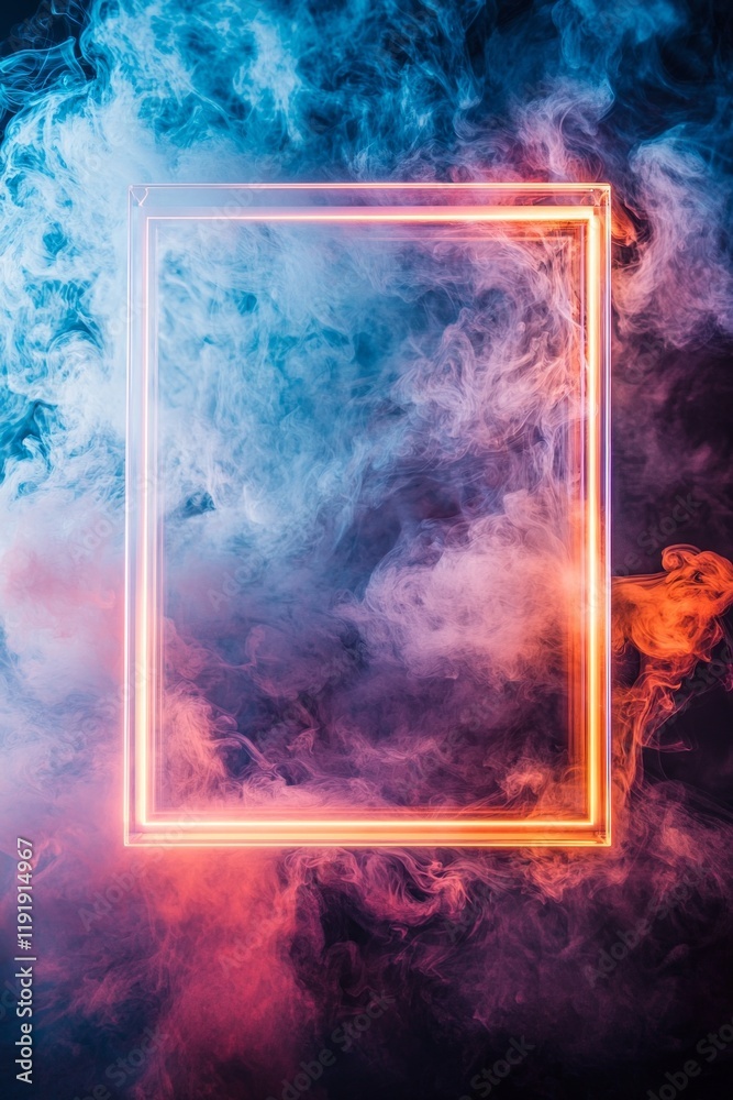 Fototapeta premium A closeup of an empty frame made from translucent acrylic, floating midair, surrounded by swirling, colorful smoke trails illuminated by a soft backlight 