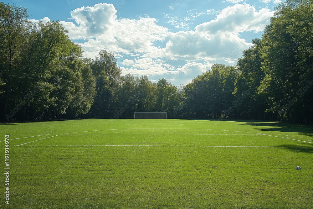 Lush Grass-Covered Soccer Field in Community Park Promotes Sport Lush Grass-Covered Soccer Field in Community Park Promotes Sport