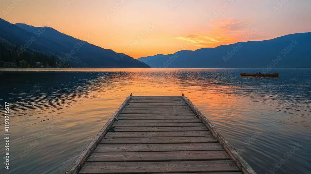 Serene Sunset at the Lake: A wooden dock extends into a tranquil lake, reflecting the vibrant colors of a breathtaking sunset over majestic mountains. The scene evokes a sense of peace and solitude. Serene Sunset at the Lake: A wooden dock extends into a tranquil lake, reflecting the vibrant colors of a breathtaking sunset over majestic mountains. The scene evokes a sense of peace and solitude.