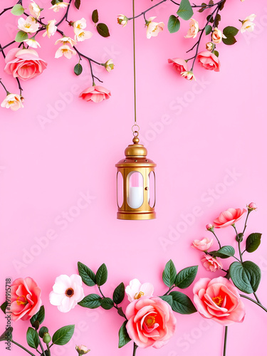 a pink background with a lantern and flowers photo