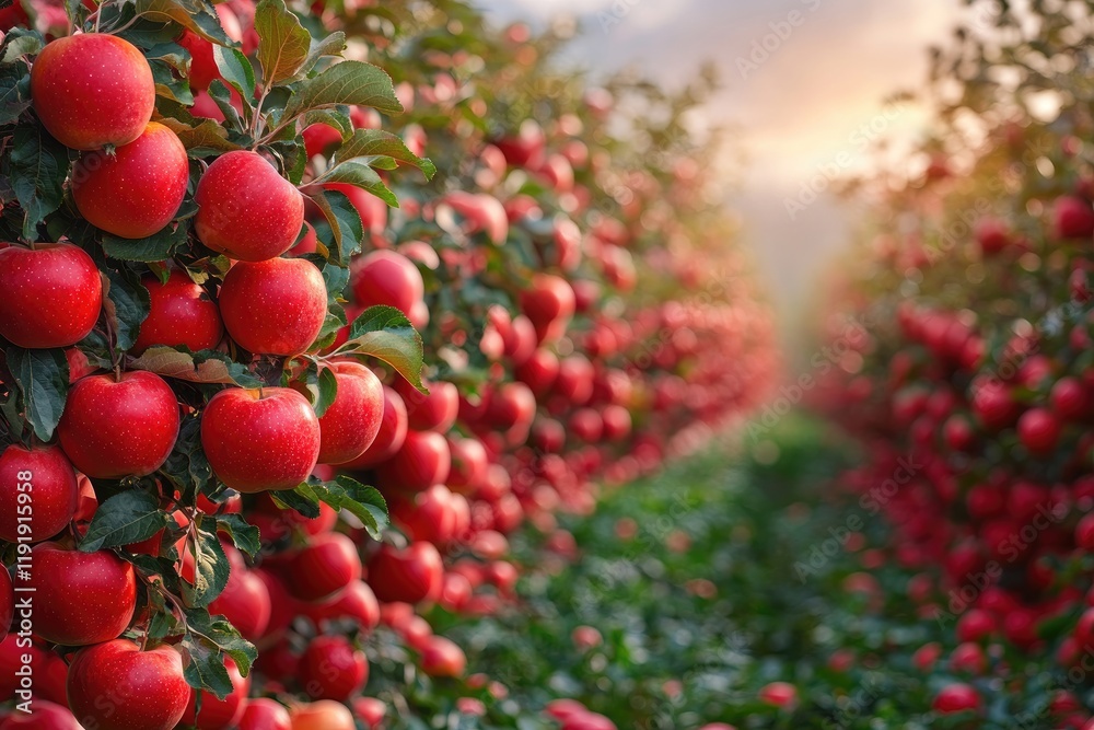 Ripe red apples orchard, rows of apple trees, orchard harvest. Ripe red apples orchard, rows of apple trees, orchard harvest.