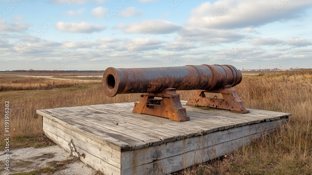 Rusty Cannon on a Wooden Platform, overlooking a vast autumnal field under a partly cloudy sky Rusty Cannon on a Wooden Platform, overlooking a vast autumnal field under a partly cloudy sky