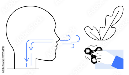 Profile of human head with airflow lines, hand holding fidget spinner, leaf, and calming breath flow. Ideal for stress relief, relaxation, mindfulness, focus, mental health peaceful living abstract