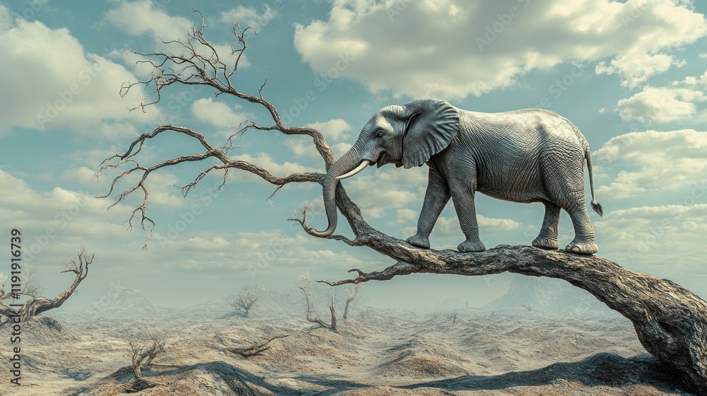 Fototapeta premium Majestic Elephant on a Precarious Branch in a Desolate Landscape