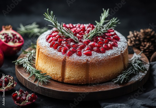 Wallpaper Mural A Beautifully Decorated Cake Topped with Pomegranate Seeds and Fresh Greenery on a Wooden Plate Surrounded by Pine Cones and Pomegranate Halves Torontodigital.ca