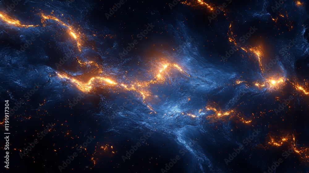 Fototapeta premium Stunning cosmic nebula with vibrant blue and orange hues against a dark backdrop.