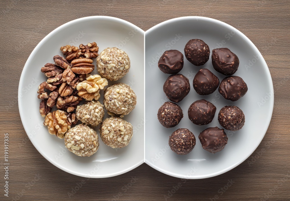 A Delicious Assortment of Healthy Energy Balls and Chocolate Treats Perfect for Snacking on a Wooden Table Surface A Delicious Assortment of Healthy Energy Balls and Chocolate Treats Perfect for Snacking on a Wooden Table Surface