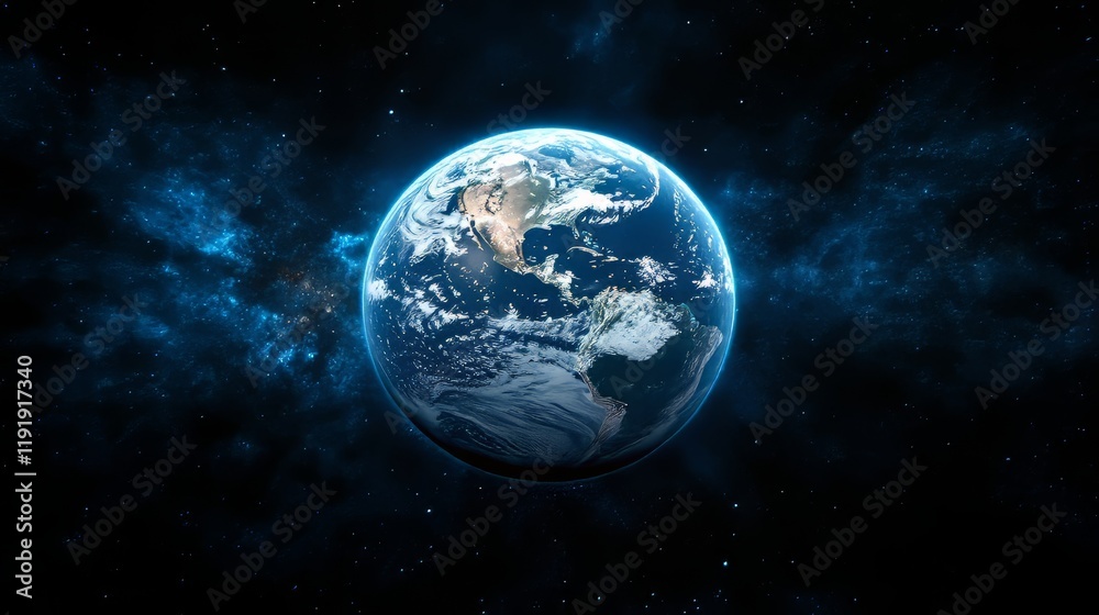 Stunning view of Earth illuminated in space, showcasing vibrant clouds and oceans. Stunning view of Earth illuminated in space, showcasing vibrant clouds and oceans.