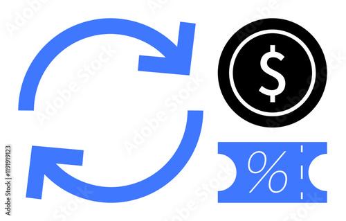 Rotating arrows symbolizing currency exchange process, dollar coin icon representing money, and percentage sign on a discount ticket. Ideal for finance, recycling, savings, economy, transactions