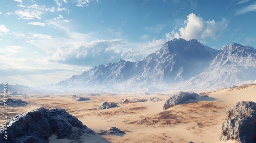 Fototapeta premium Breathtaking desert landscape with majestic mountains and a clear blue sky.