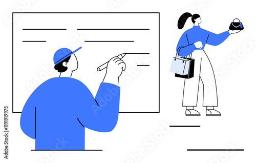 Teacher writing on large board with marker, while shopper holds bags. Ideal for education, shopping, retail, instruction, simplicity, linear design communication. Modern abstract line flat metaphor