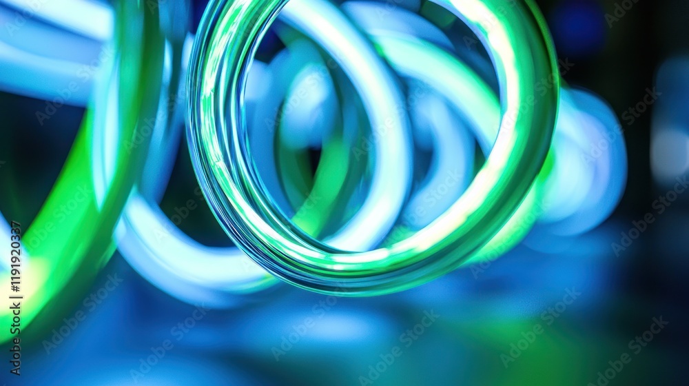 Fototapeta premium Abstract Neon Light Art: Intertwined Glowing Rings of Turquoise and Emerald