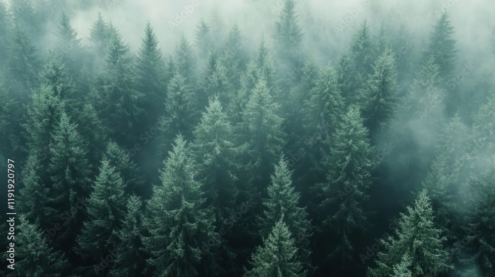 Misty Evergreen Forest: An Aerial View of Serene Nature Misty Evergreen Forest: An Aerial View of Serene Nature