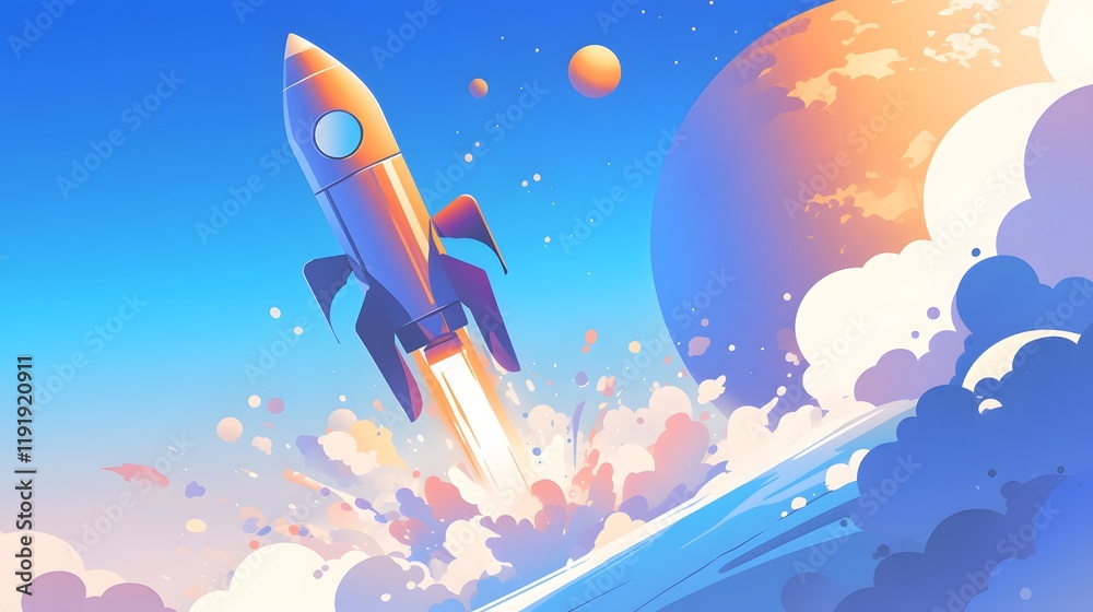 Fototapeta premium Cartoon rocket spaceship taking off with a clean background for startup or space exploration concept.