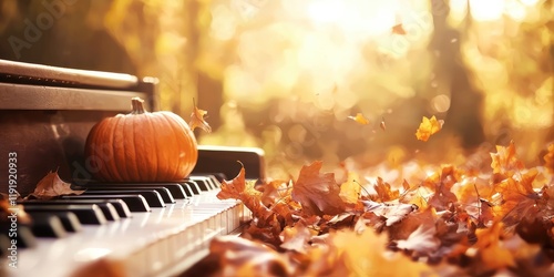 Piano with pumpkin and autumn leaves, outdoors, falling leaves, nature, fall concept.