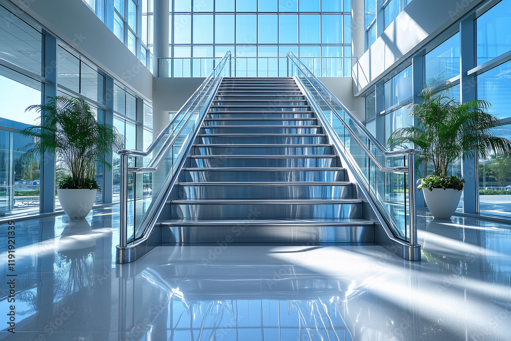 Fototapeta premium Corporate Elegance: Polished Stairway with Chrome Accents in a Tower