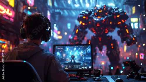 A young Caucasian male gamer immersed in a futuristic digital world.